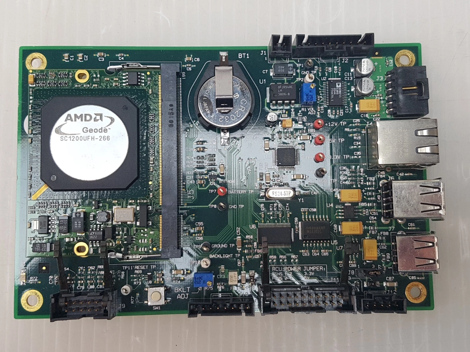 Top view of SP-0026141 board with Geode SC1200 module, Ethernet and USB ports