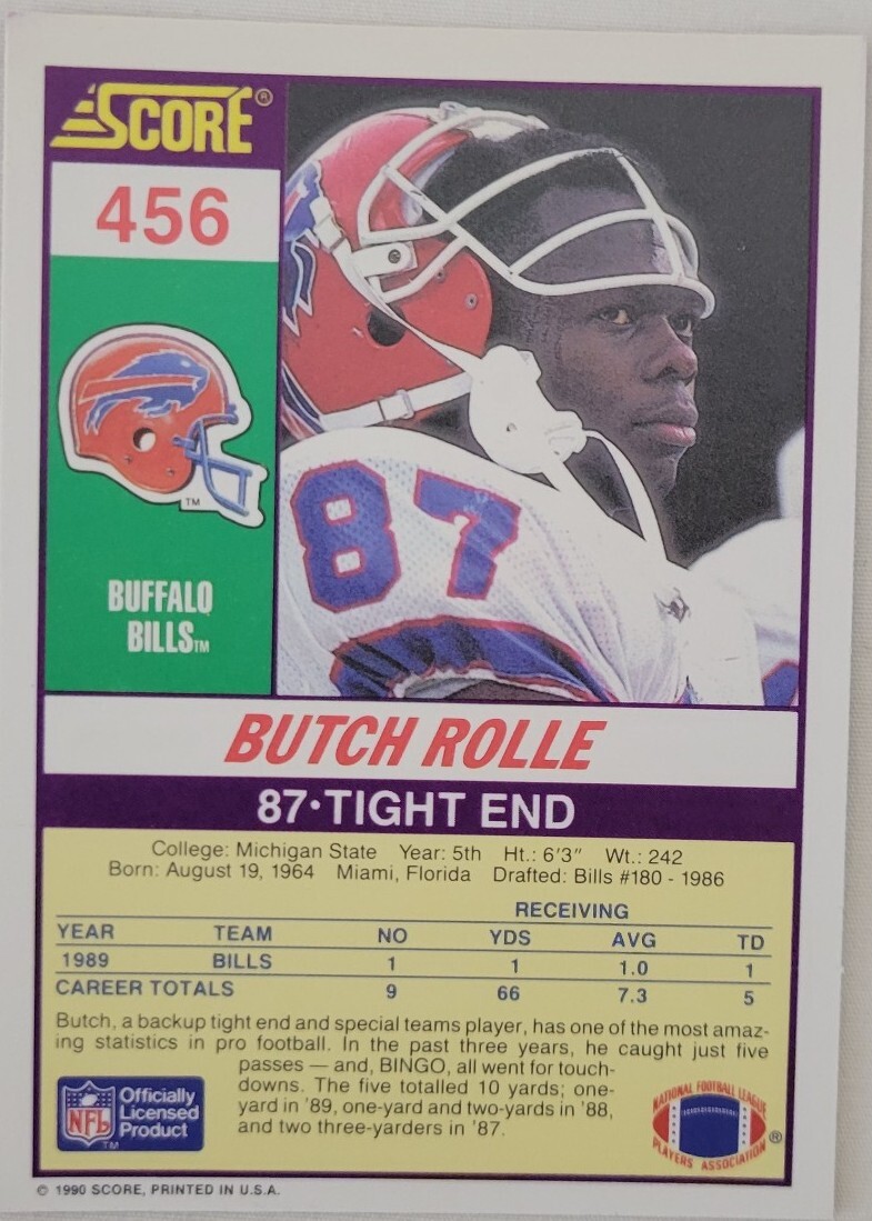 Butch Rolle Nfl 1990 Score Football Card Butch Rolle Buffalo Bills #456 | eBay