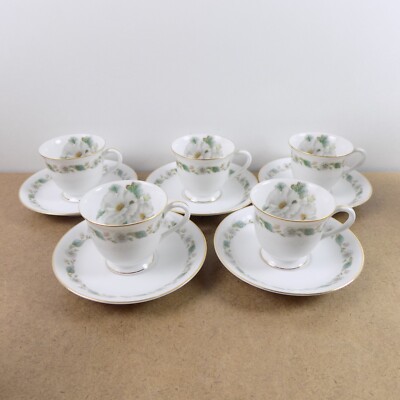 5 Noritake White Gardenia Demitasse Cups & Saucers 5029 Nippon Toki Kaisha