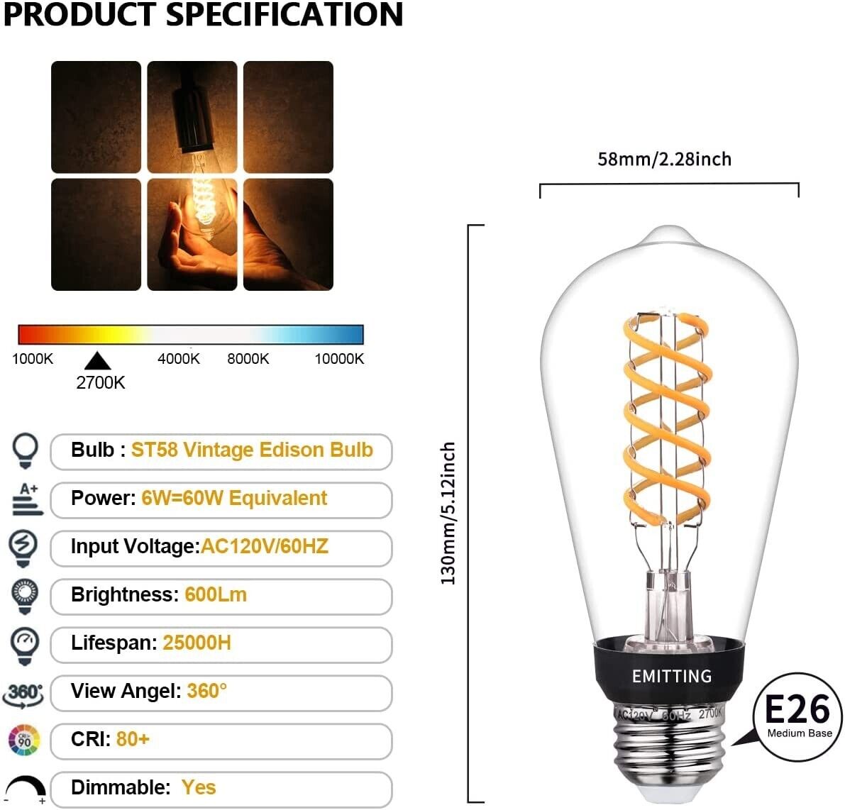 6 pk ST19 ST58 6W Dimmable Vintage Edison LED Bulb Warm 6 pk ST19 ST58 6W Dimmable Vintage Edison LED Bulb Warm