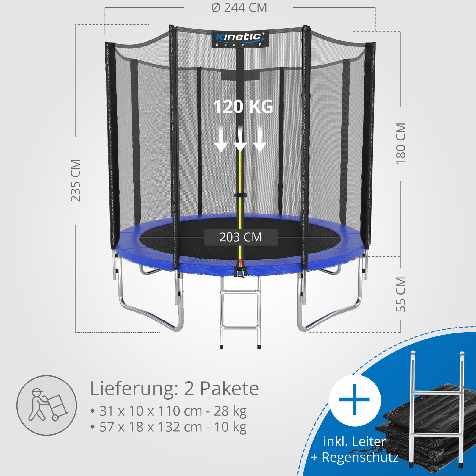 KINETIC SPORTS Trampolin Outdoor Ø183 244 305 366 490 cm Komplett-Set mit Leiter