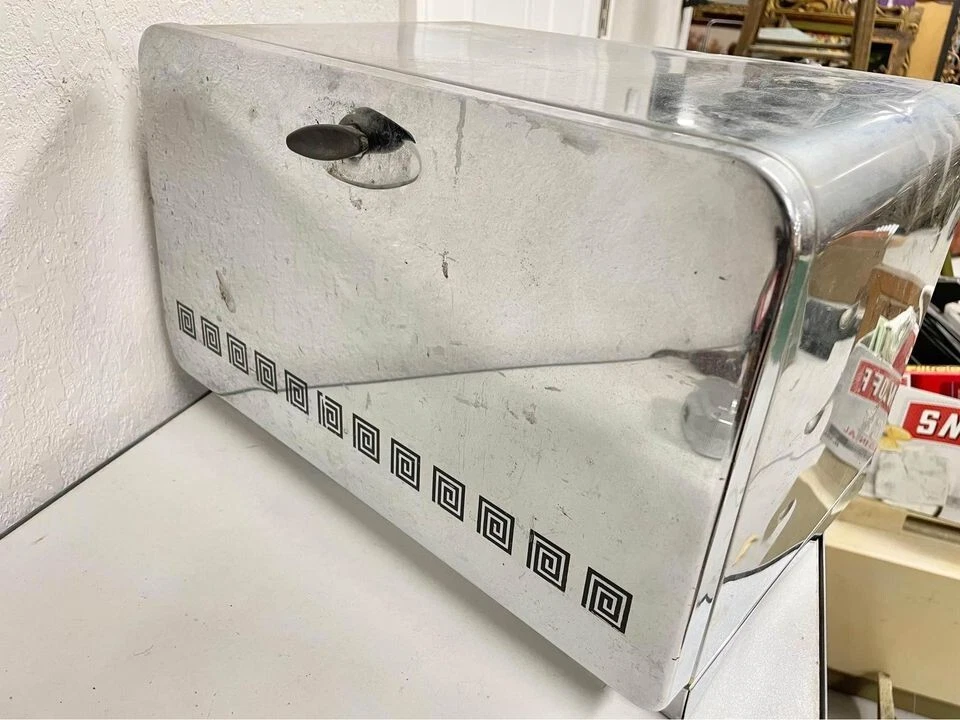 Vintage Mcm Breadbox Metal Cutting Board Lid Chrome Silver with Shelf NLH