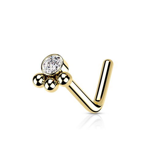 3 Beaded Cluster Ball W/ CZ Center Surgical Steel Nose L Shaped Nose Studs Ring - Picture 6 of 9