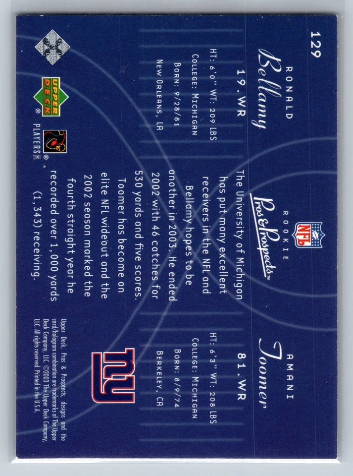 2003 Upper Deck Pros & Prospects #129 Ronald Bellamy / Amani Toomer #/1800 - Image 2 of 2