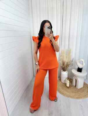Ladies Textured Cheesecloth Frill Sleeve Top Trouser 2PCS Co Ord Loungewear Set