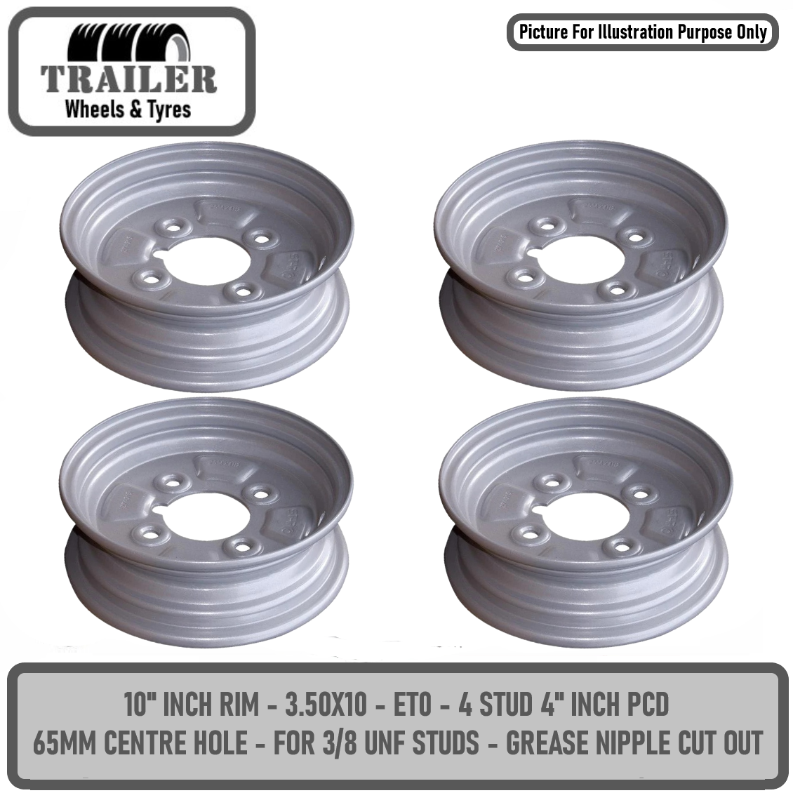Trailer 10 Inch Wheel Rim 3.50x10 - 4x4 Inch PCD M10 Studs 65mm Centre ...