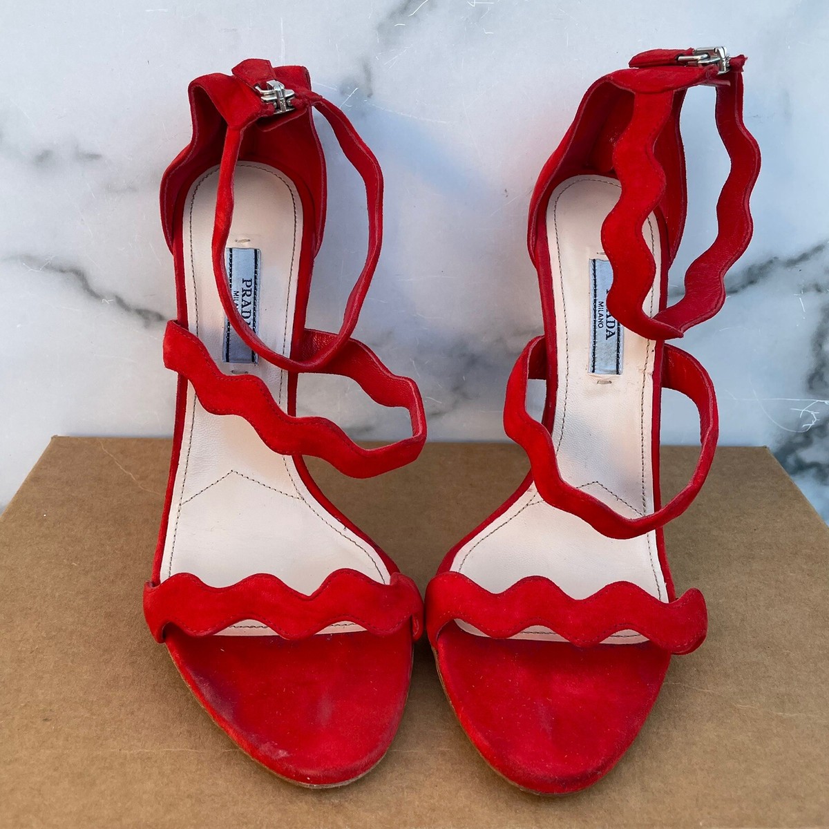 Prada red suede triple strap wavy scalloped sandal size IT 39 US 9