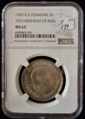 DENMARK. 1945, 2 Kroner, Silver - NGC MS63 - Christian X, 75th Birthday