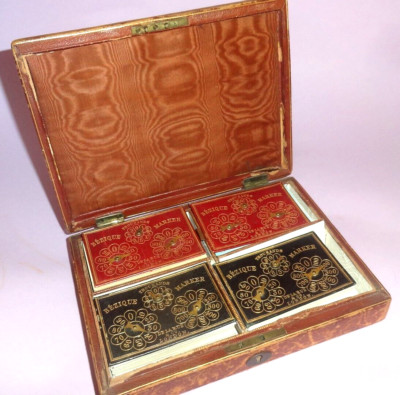 BEZIQUE SET VTG WOODEN BOX w/ 4 ORIGINAL PLAYING CARD DECKS & PAPERS 1930's