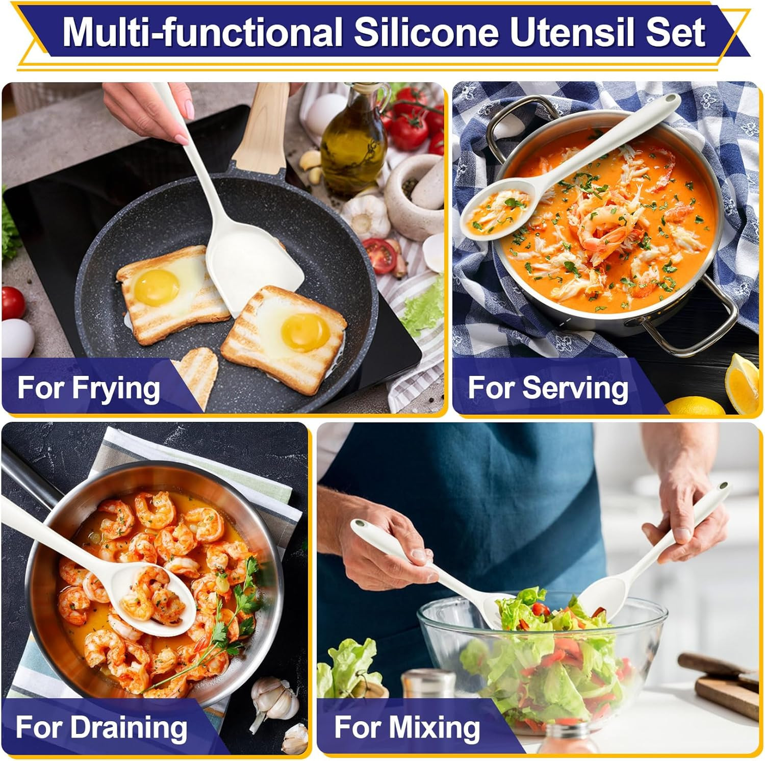 Kitchen Utensil Set, 4 Pieces Non-Stick Silicone Cooking Utensils, Heat-Resistan