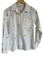 Indigo Rose Size Small White Floral Embroidered Collared Button Up Long Sleeve S