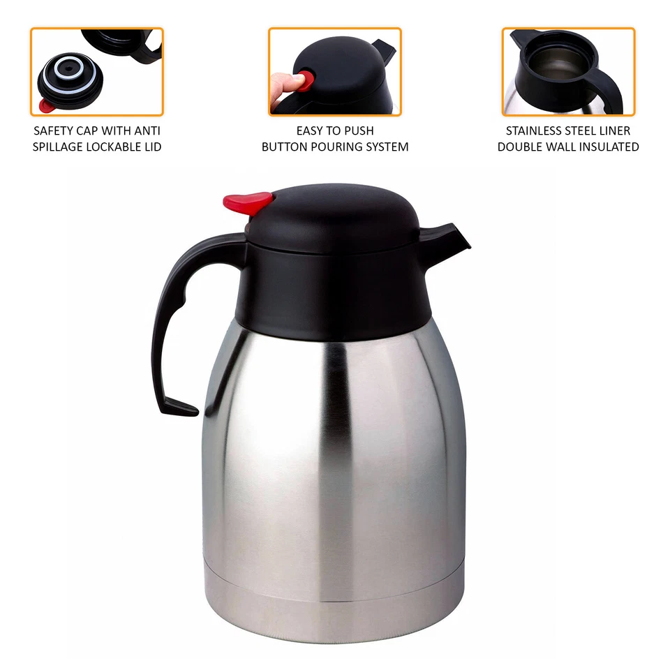 2L S/S STAHL VAKUUMKESSELKOLBEN HEISSKALTTEE KAFFEE ISOLIERTER SPENDER LUFTTOPF - Bild 3 von 4