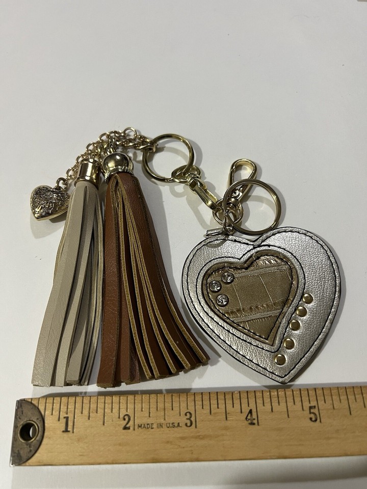 KATHY VAN ZEELAND KEYCHAIN HEART GOLD & SILVER TONE + UNBRANDED TASSEL