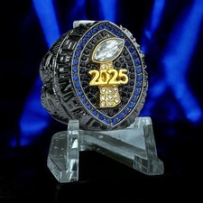  PREMIUM 2025 FANTASY FOOTBALL CHAMPIONSHIP RING Gunmetal Black Blue Stones sz10