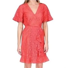 Michael Kors Pink V Wrap Knee Ruffle Lace Dress Floral NWT Ladies Small