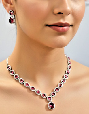 Weißgold gefülltes Rubin & Diamantschliff Halskette Set eleganter Designer UK Verkäufer