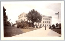 Vtg B&W Snapshot Man In Suit On Campus By Large Institutional Building 1940s
