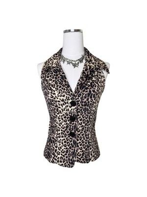 Y2K Mark Farrell Brown Leopard Print Sleeveless Button Front Vest Top Size 9/10