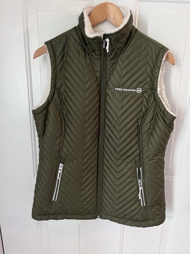 Free Country Quilted Reversible Green White Fleece Lined Vest Zip Woman’s Size M