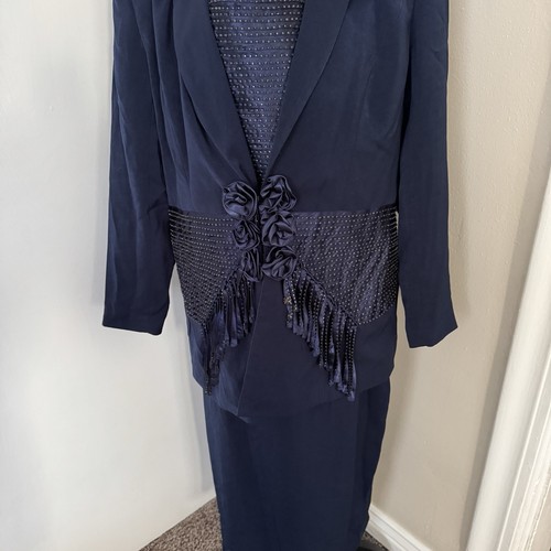Lisa Rene Skirt Suit Women's 12 Navy Blue Roses Formal Suit Mother of the Bride - Picture 3 of 17