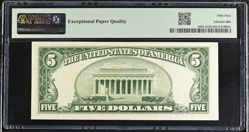 $5 Federal Reserve Note Boston 1962-A  PMG Graded 55 EPQ Serial #  A48165029A - Image 2 of 2