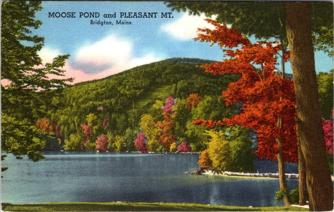 Moose Pond, Pleasant Mountain, BRIDGTON, Maine Linen Postcard - Tichnor