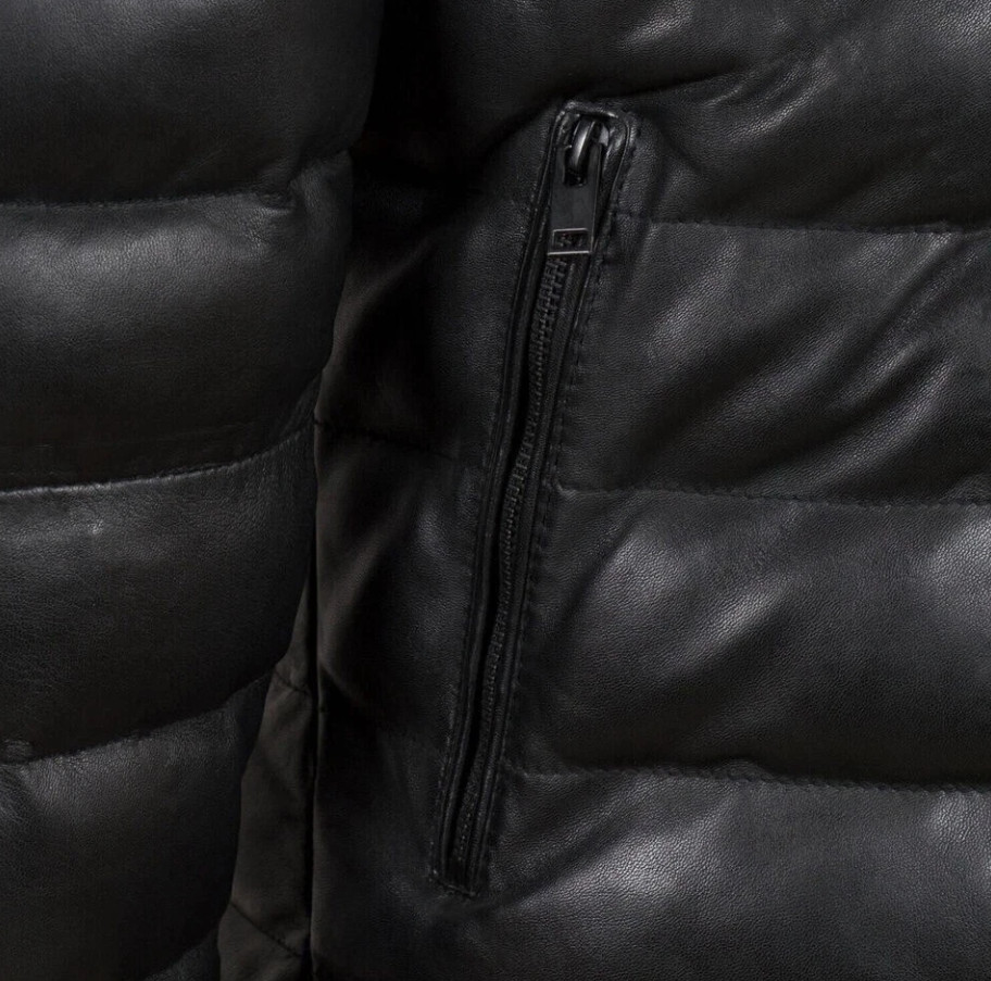 Men Real Leather Puffer Jacket Soft Lambskin Black Quilted Padded Winter Jacket image 3
