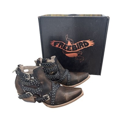 Freebird Wasp Black Studded Leather Heeled Booties Size 8 Buckle Shoes Zip