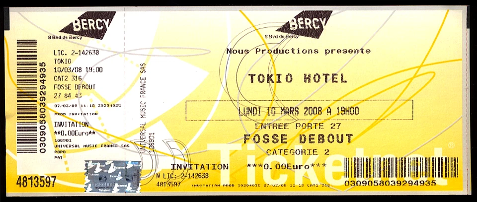 BILLET de CONCERT neuf de TOKIO HOTEL, 10 Mars 2008 à PARIS BERCY. - Photo 1/1