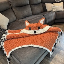 Handmade Chunky Crochet Fox Hooded Blanket Throw Cozy Cottagecore