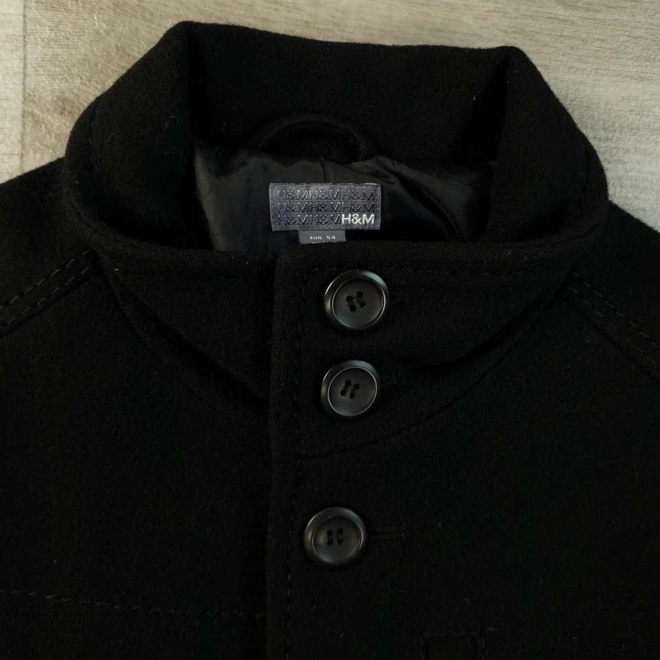 H&M Overcoat Men's Size 44R Black Wool Blend Button Up Pockets Lined Collared - Image 4 of 4