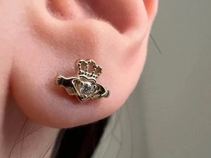 Authentic Claddagh Stud Earrings 2Ct Heart Cut Lab-Created Diamond 14K Yellow Gold Plated