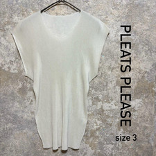 PLEATS PLEASE Off White French Cap Sleeve Top ISSEY MIYAKE Size 3 US M Jp L