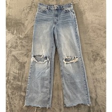 Zara High Rise Wide Leg Jeans Womens 10 Light Wash Distressed Raw Hem 32" Inseam