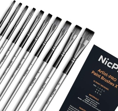 Nicpro 10 Stück Flaches Pinsel Set, Kunstmalpinsel für Acryl, Aquarell, Öl, Go
