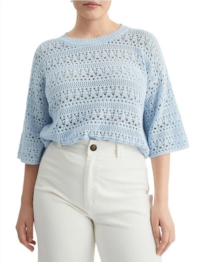 Autograph Womans Size 20 Blue Crochet Knit Relaxed Oversized Cotton Blend Top