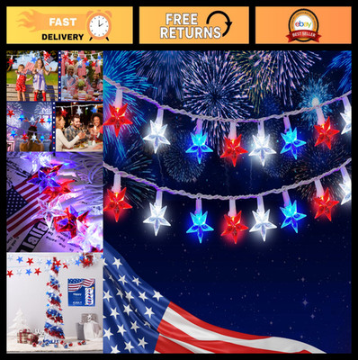 100 LED Red White Blue Star String Lights 37FT - Patriotic Outdoor Decor for 4th