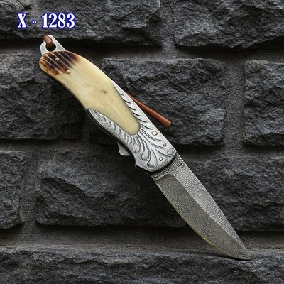 Handmade Damascus Steel Folding Blade Pocket Knife Case Leather - Camel Bone