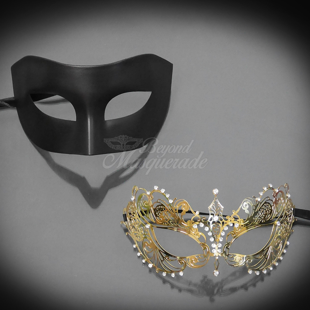 Couples Masquerade Mask, His & Her Set, Black Gold Venetian