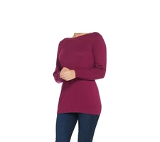 Denim & Co Essentials Bateau Neck Rib Trim Sweater-Berry-Medium-A342523-NEW