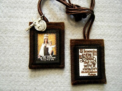 #ad Gold Our Lady of Mt. Carmel Brown Scapular 100%Wool Handmade in USA $10.50