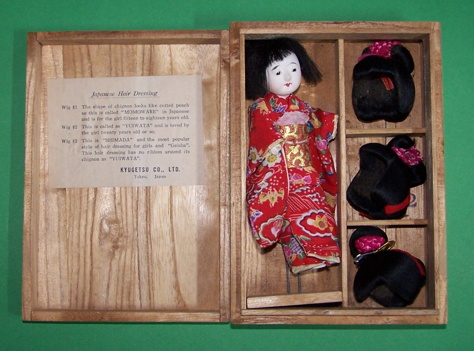 Vintage Japanese Doll with Wigs and Stand in Original Wood Box Kyugetsu