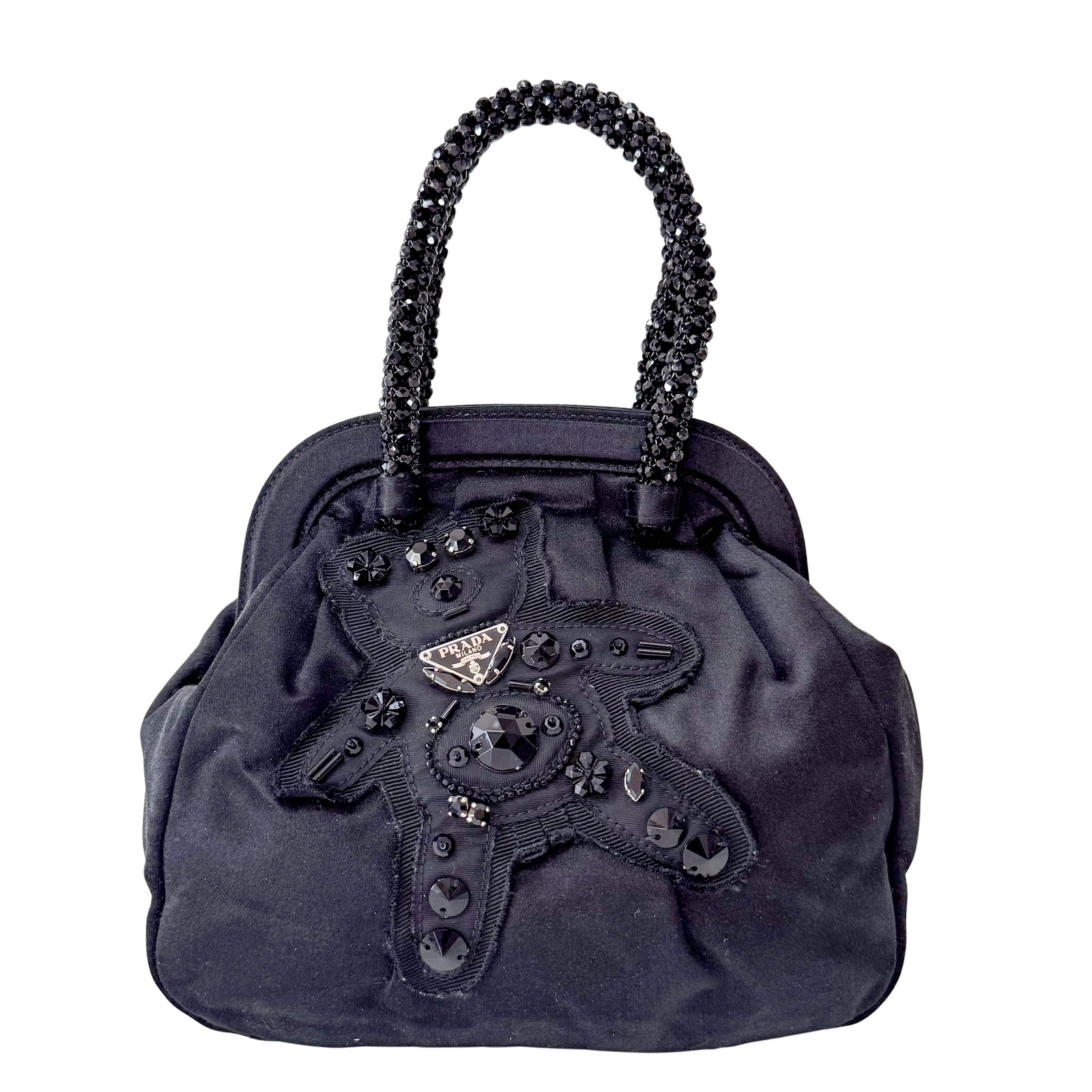PRADA Bear Embellished Satin Evening Clutch Handbag