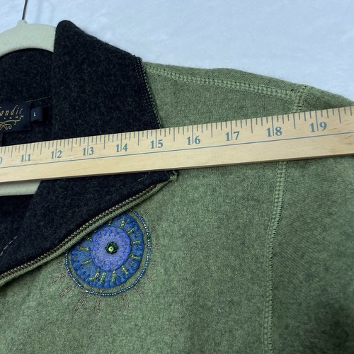 Icelandic Design Full Zip Boiled Wool Sweater Jacket L Beaded Circles Green READ - Picture 8 of 15