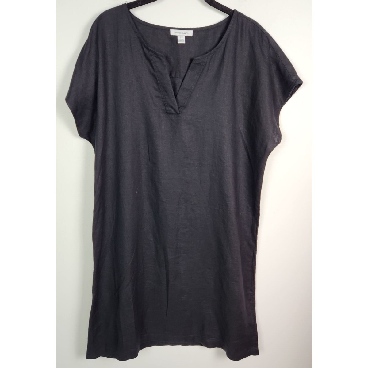pure navy linen dress Navy Blue Linen Cotton Maxi Dress with Pleated Waist and Relaxed Fit