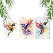Humming Bird Water Colour Set of 3 Prints Pictures Wall Art Nature Vibrant Large