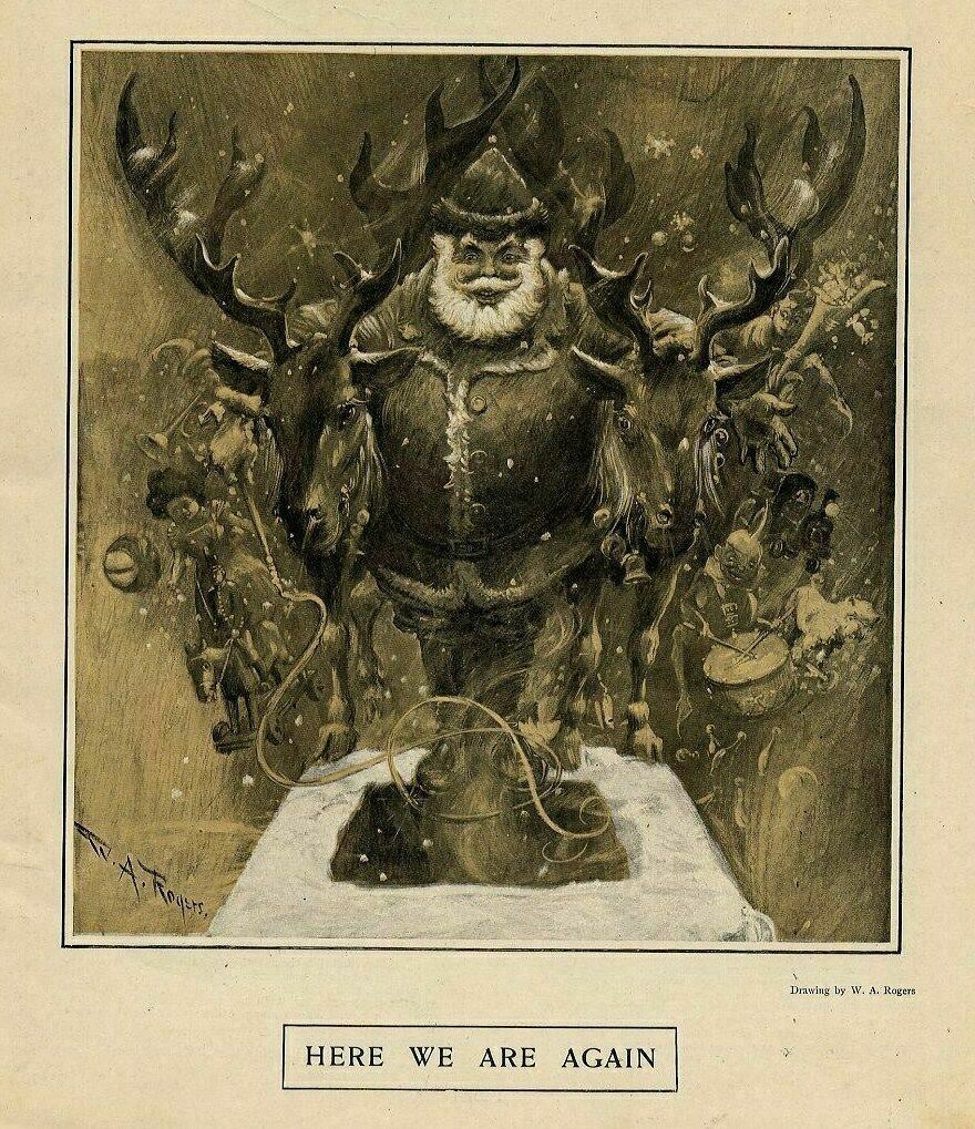 SANTA CLAUS TOYS AND HIS REINDEER READY TO GO DOWN CHIMNEY ROCKING HORSE TOY