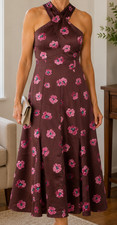 LOFT Womens 10 Brown Pink Floral Halter Maxi Dress Cross Back NWT