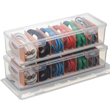 2 Pcs Cable Organizer Box with Lid, Clear Plastic Cord Storage Desk Organizer...