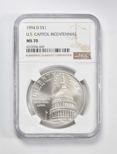 MS70 1994 D U.S. Capitol Bicentennial Commemorative $1 NGC Brown Label *1325